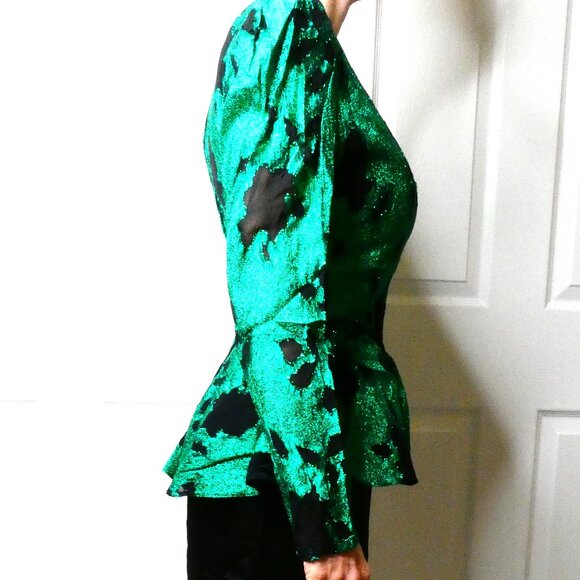 Black Green Dress Size 6 Vintage Midi 50s Shoulder Pads Metallic Sparkling Party - Picture 6 of 14